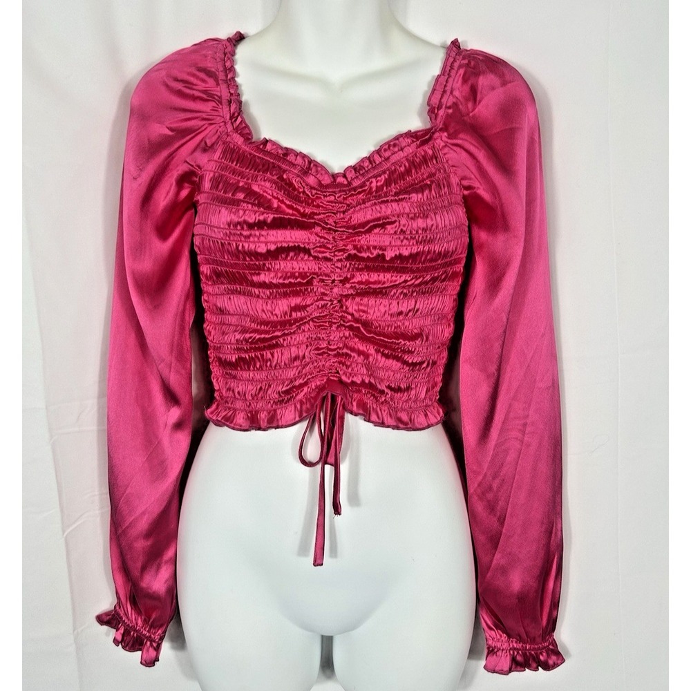 Womens Hot Pink Satin Smocked Puff‎ Sleeve Milkmaid Top Size S Barbie Glam Disco